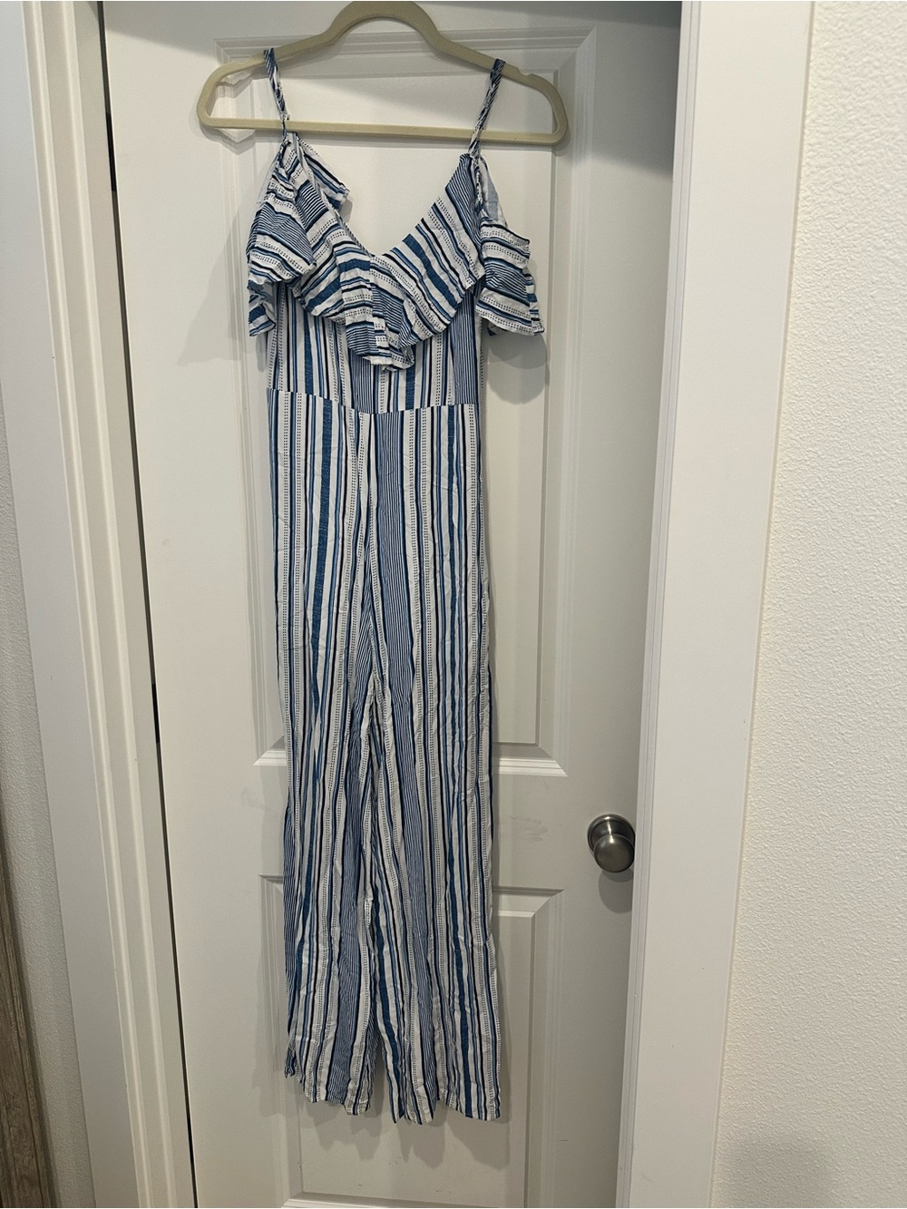 Flying Tomato Blue and White Striped Ruffle Jumpsuit